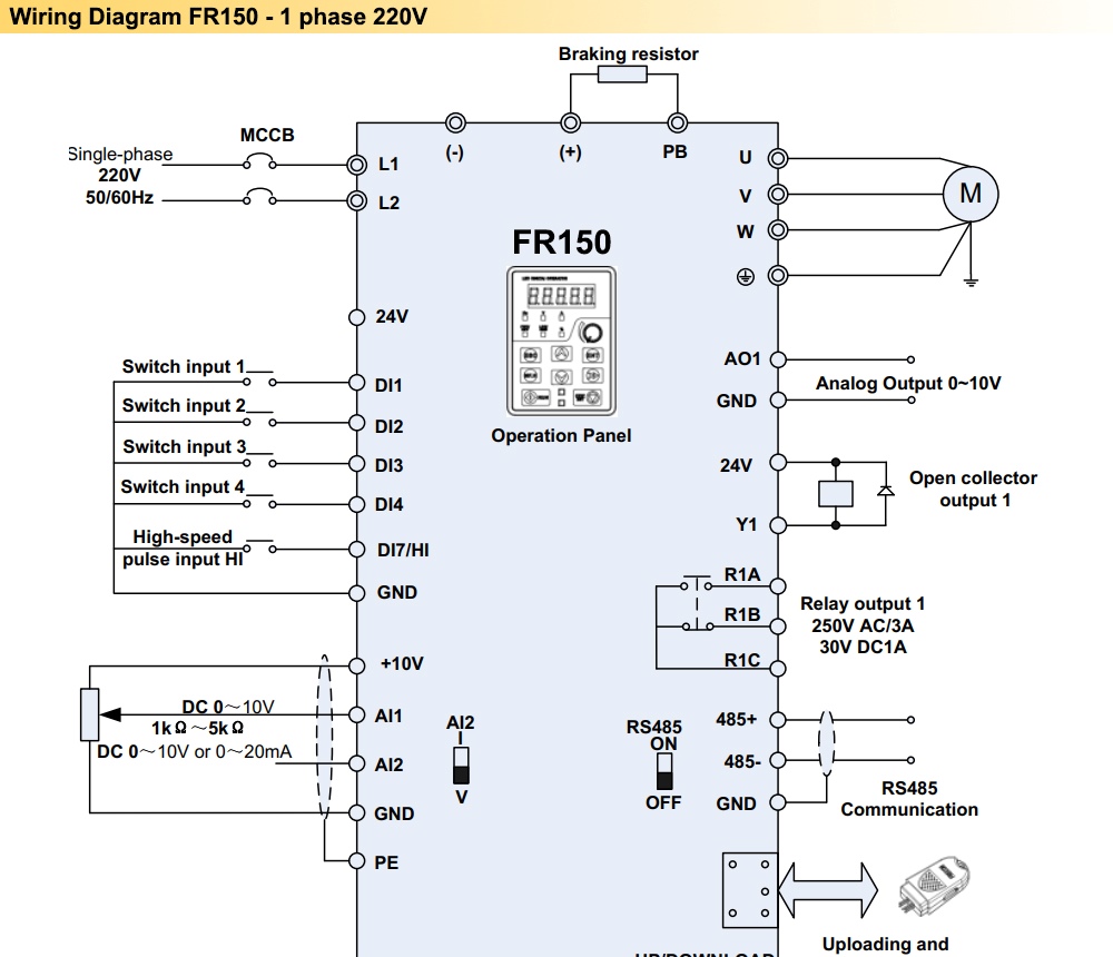 Cách đấu nối dây Biến tần Frecon FR150A-2S-0.4B